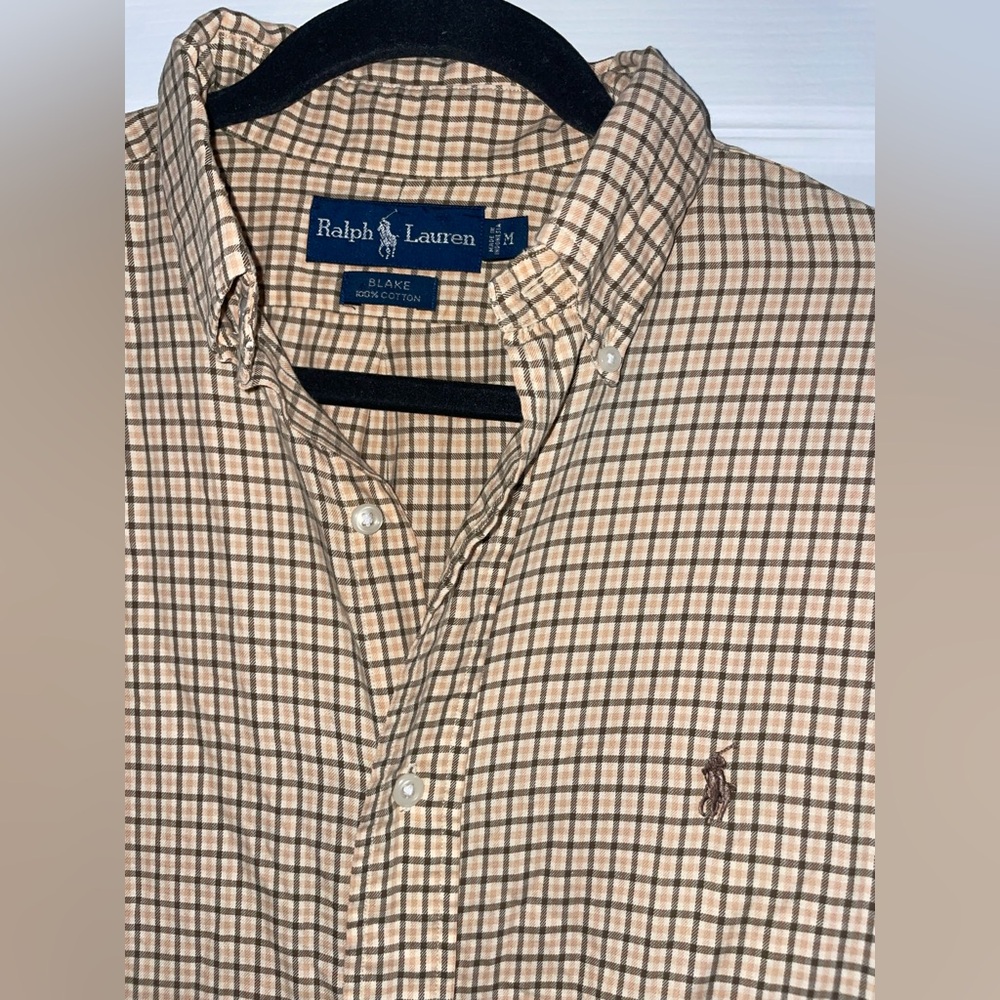 Ralph Lauren Blake Tan Check Button Down Shirt Men’s Medium 100% Cotton